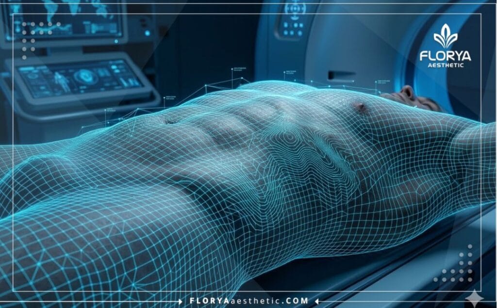 High-tech digital 3D macro surface scan focusing on abdominal contouring