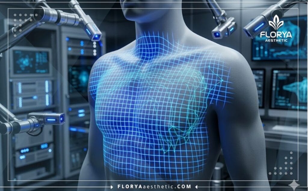 High-tech 3D macro surface scan highlighting the chest area for precision surgical planning.