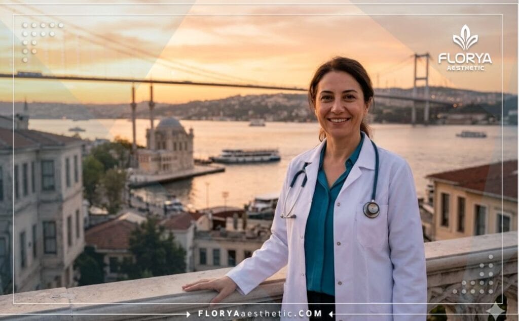 Friendly aesthetic surgeon smiling warmly in front of the Bosphorus Bridge in Istanbul.