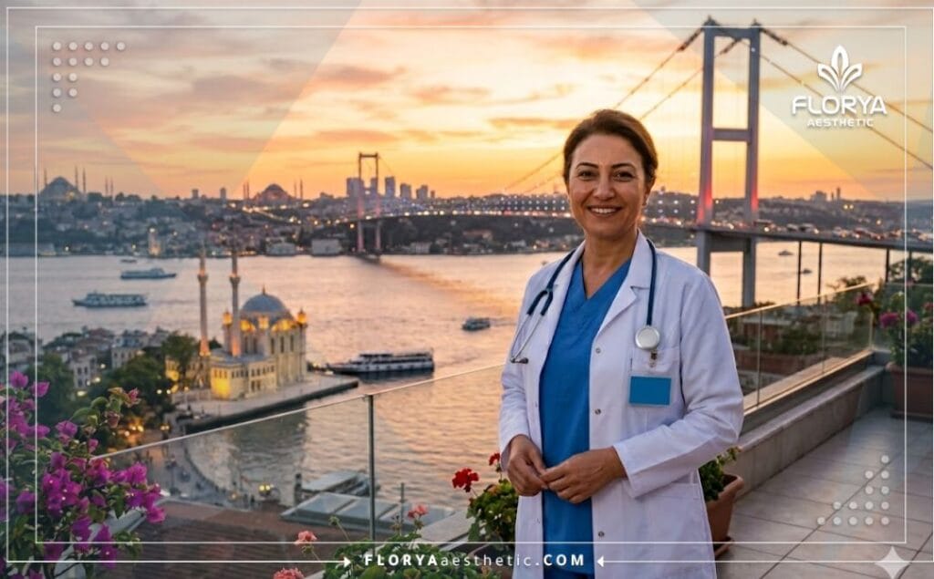 Friendly aesthetic doctor in Istanbul with Galata Tower in the background