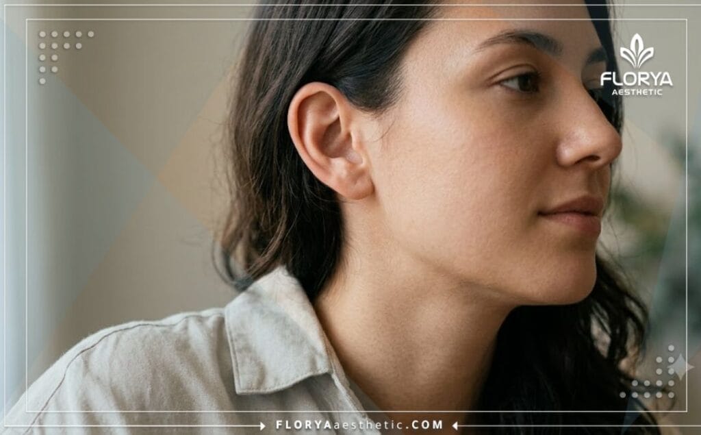 لقطة مقربة تظهر النتيجة المثالية والناجحة لعملية ترميم وبناء الأذن بشكل طبيعي تماماً.