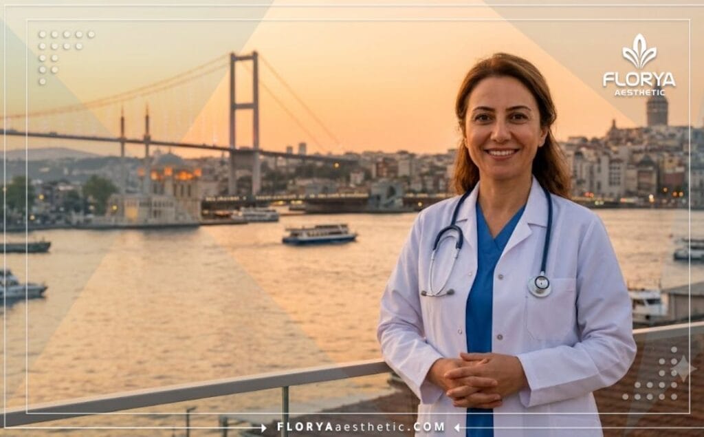 Chirurgien professionnel souriant avec un monument célèbre d'Istanbul en arrière-plan