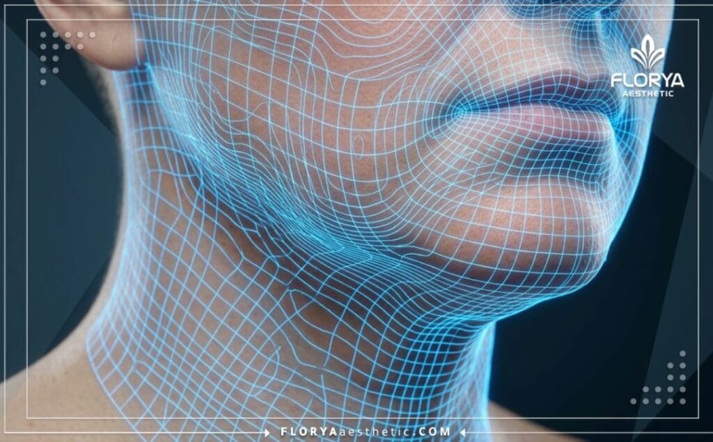 مجسم رقمي ثلاثي الأبعاد يوضح مسح خطوط وعضلات الوجه بدقة تكنولوجية متطورة لعملية شد البشرة.