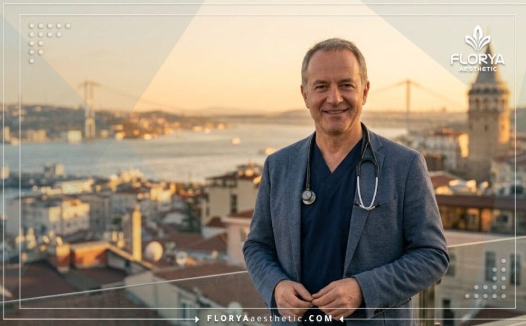 طبيب تجميل مبتسم يرحب بالمرضى في إسطنبول وخلفه إطلالة ساحرة على جسر البوسفور وقت الغروب.