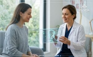 طبيب محترف يوضح خطة جراحة أفضل دكتور شد الوجه في تركيا للمريض عبر شاشة رقمية تفاعلية حديثة.