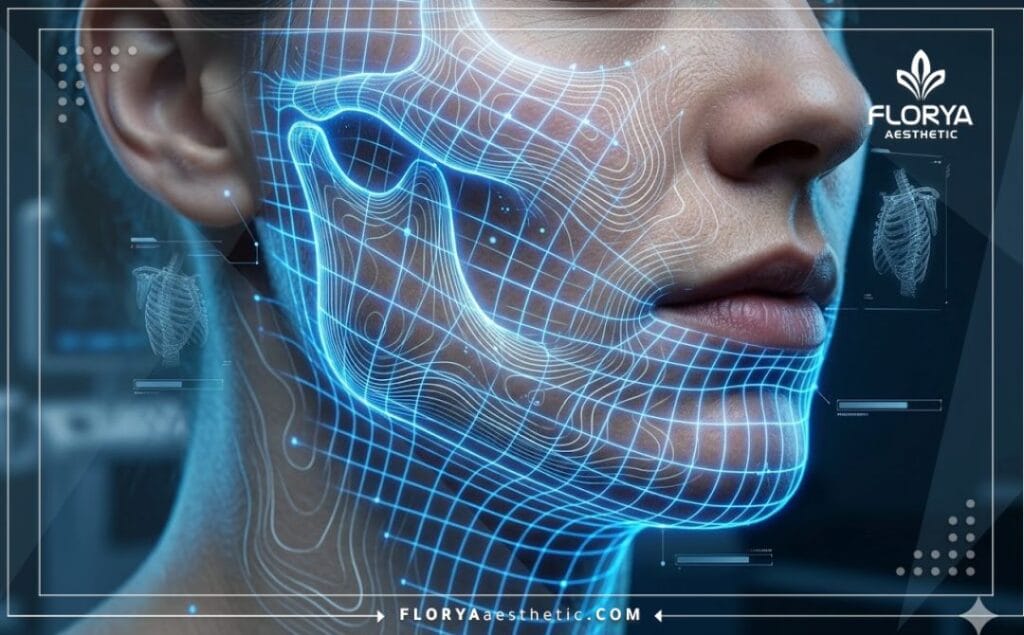 High-tech 3D topographical mesh scan of facial anatomy and structure.