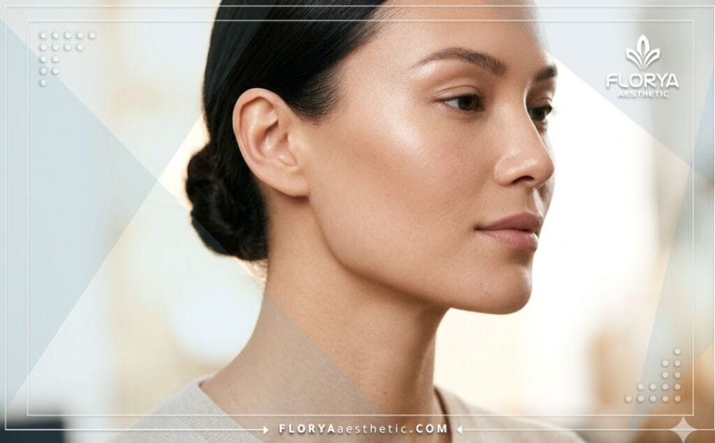 Close-up of a perfectly sculpted jawline representing a flawless facial result.