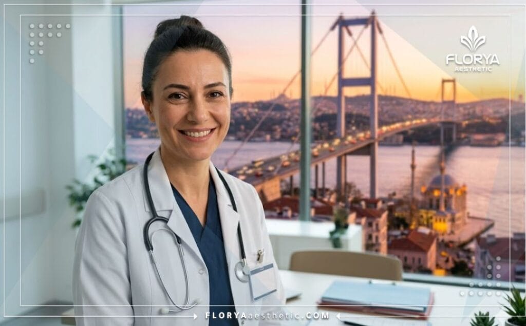 Friendly aesthetic doctor smiling in front of the Bosphorus Bridge in Istanbul.
