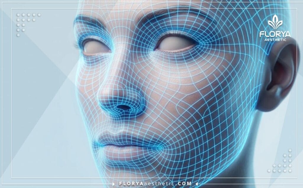عرض جرافيكي ثلاثي الأبعاد يوضح مسحاً رقمياً دقيقاً لمنطقة الوجه والفكين بدون جراحة.