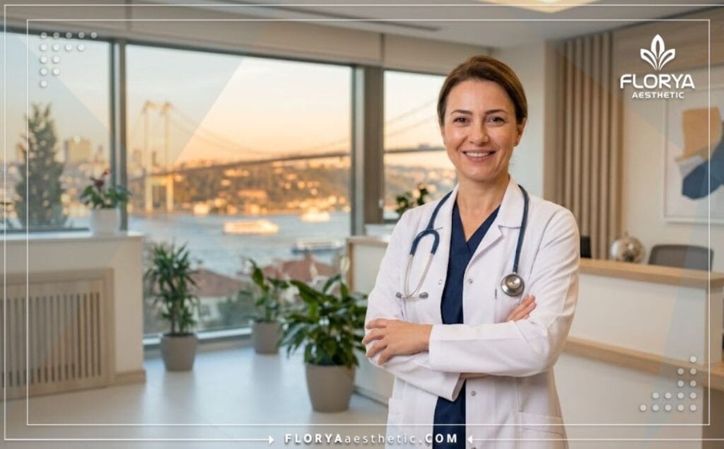 طبيب تجميل يبتسم في إسطنبول وخلفه إطلالة ساحرة على جسر البوسفور في وقت الغروب.