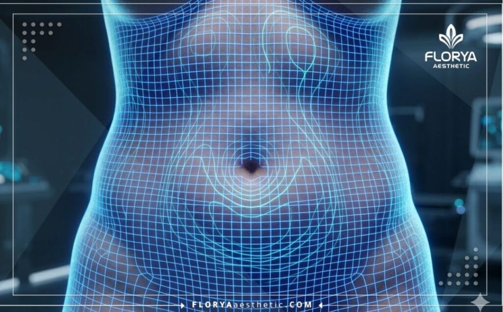 Digital 3D topographic mesh grid scanning the abdominal area for precise medical body contouring.