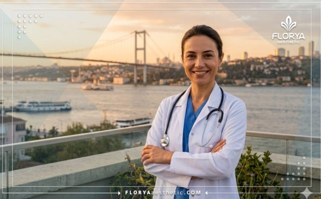 Médecin esthétique souriant à Istanbul avec la Tour Galata en arrière-plan.