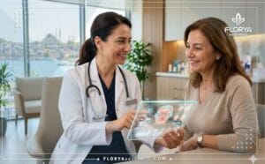 طبيب يشرح خطة العلاج في أفضل عيادة علاج تجاعيد الجبهة في تركيا باستخدام جهاز لوحي متطور
