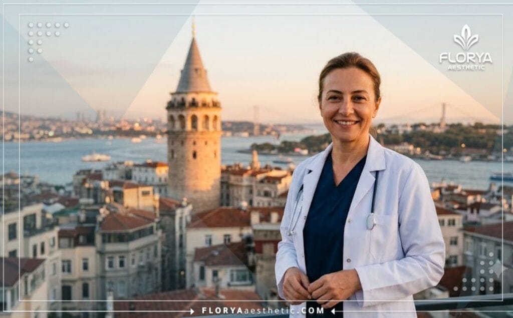 Friendly aesthetic specialist welcoming patients to a modern clinic with the iconic Istanbul skyline in the background.