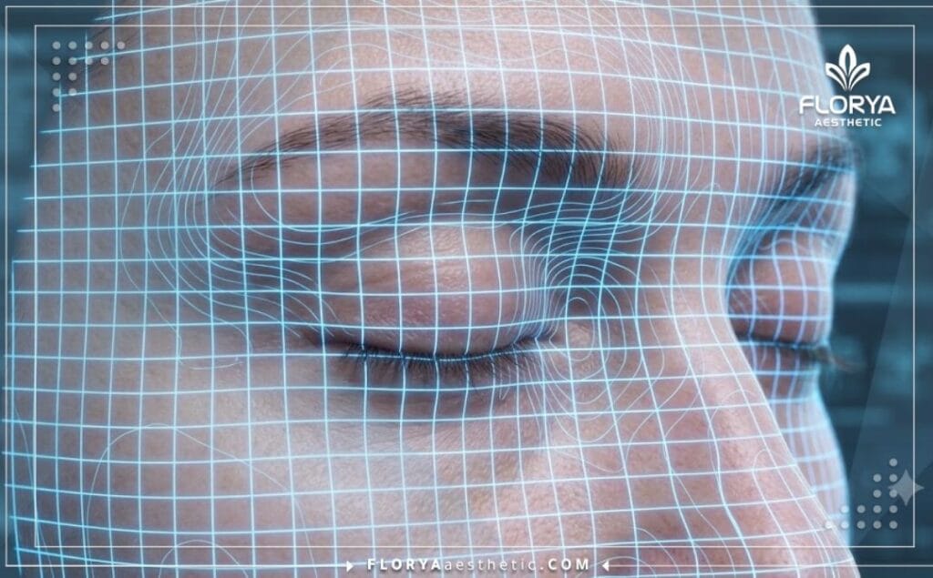 Detailed 3D digital surface scan focusing precisely on the eye anatomy for advanced aesthetic mapping.