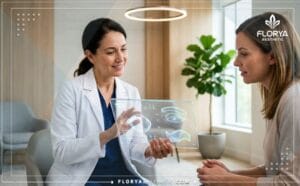 طبيب محترف يشرح خطة العلاج مع المريض بحثاً عن أفضل دكتور لعملية عيون الثعلب في تركيا باستخدام تقنيات رقمية حديثة.