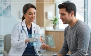 طبيب جراح يشرح خطة العلاج الرقمية للمريض باستخدام شاشة لوحية متطورة قبل عملية أفضل دكتور نحت الصدر في تركيا.