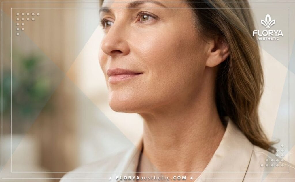 Cinematic close-up showcasing a flawless aesthetic outcome and perfectly lifted skin structure following a facial procedure.