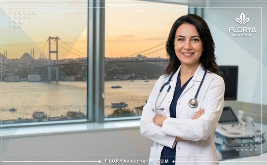 Friendly medical specialist smiling in front of a scenic golden hour view of the Galata Tower in Istanbul.
