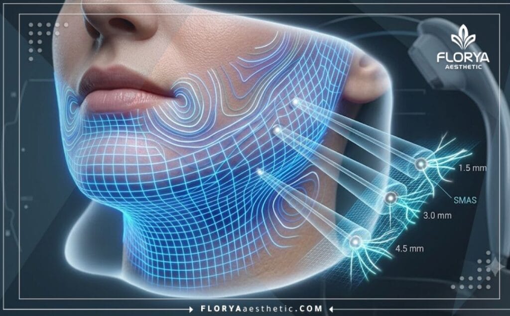 High-tech 3D digital surface scan with blue topographical grid lines focusing on facial contouring and jawline alignment.