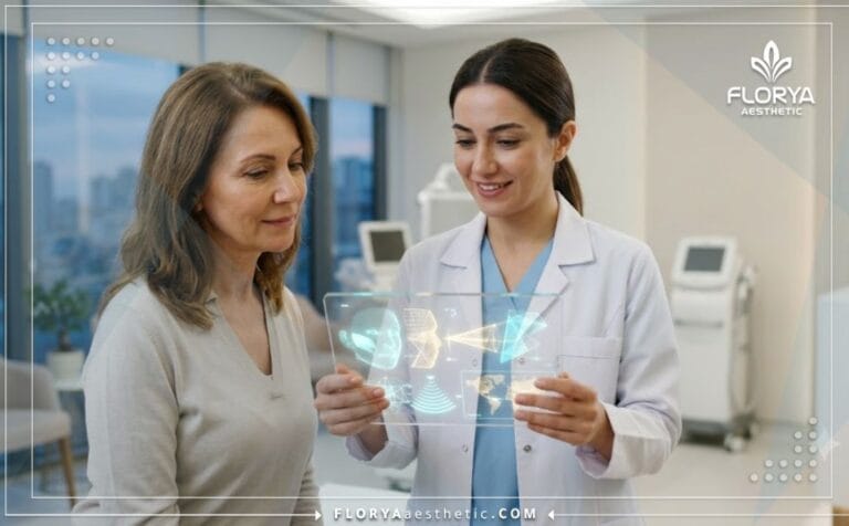 Un especialista médico explicando detalladamente las ventajas del mejor doctor para lifting facial con HIFU en Turquía mediante una pantalla digital interactiva.