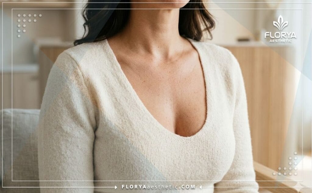 Close-up showing the flawless and natural aesthetic result of a breast enhancement.