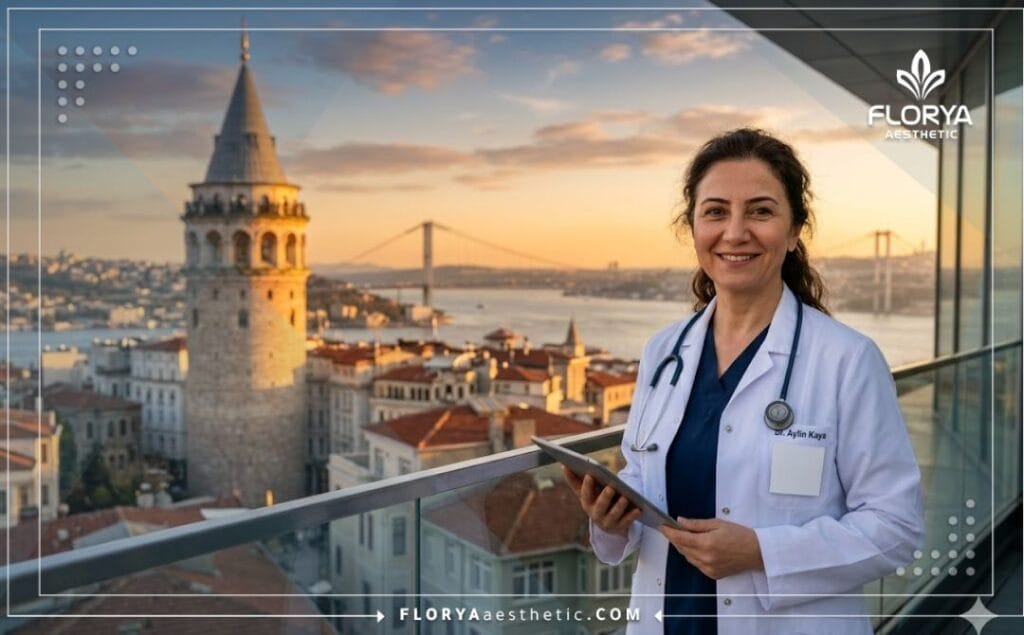 Friendly cosmetic surgeon welcoming international patients with Istanbul landmarks in the background.