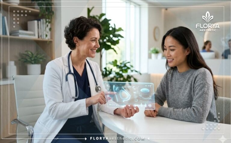 طبيب خبير يعرض خطة العلاج الرقمية في أفضل عيادة زراعة الثدي الفورية