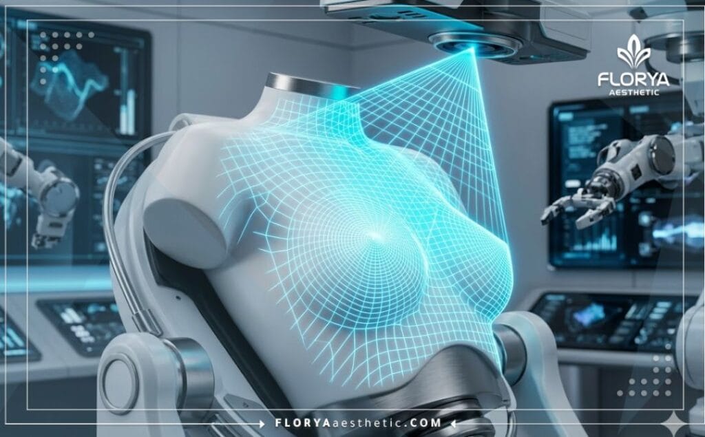 High-tech 3D macro surface scan of the chest area with a glowing topographic laser mesh.