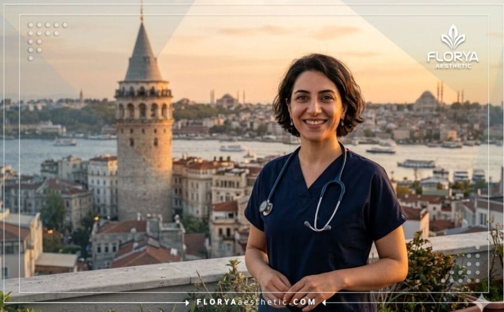 Smiling aesthetic doctor welcoming a patient with the Bosphorus Bridge in the background.
