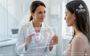 طبيب محترف يعرض خطة علاج عبر جهاز لوحي شفاف لمريضة في أفضل عيادة ترميم الثدي الفوري