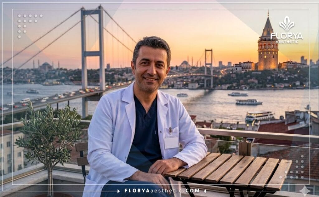 Doctor amable dando la bienvenida en Estambul con el puente del Bósforo