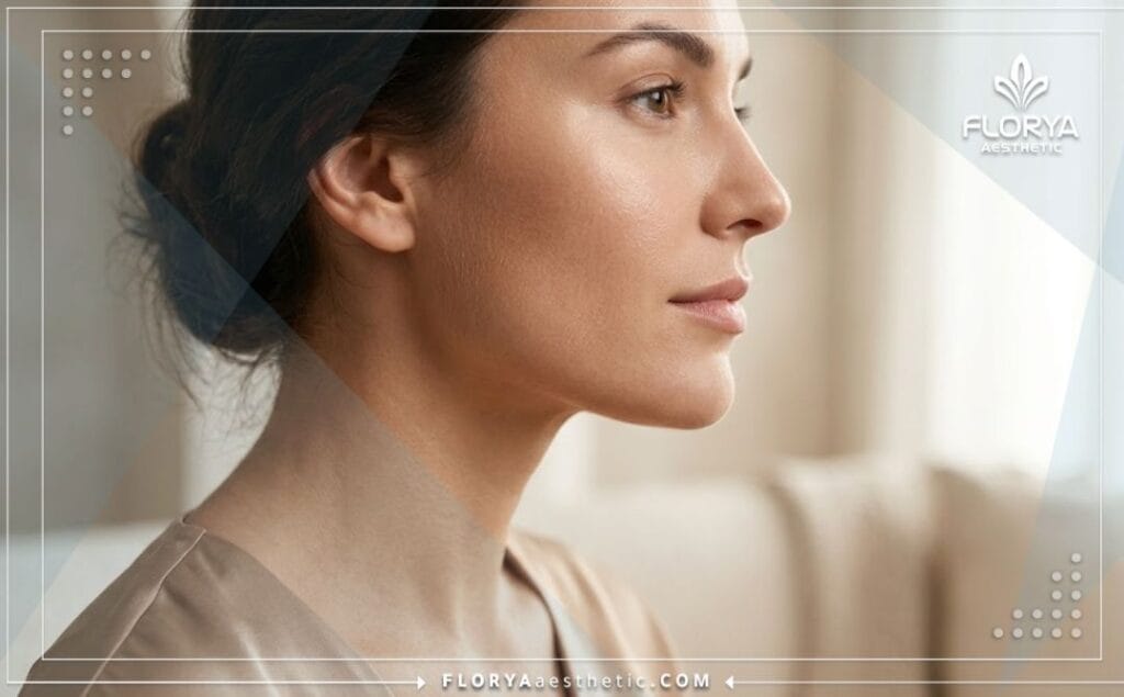 Gros plan sur un résultat parfait et naturel après un contouring de la mâchoire.