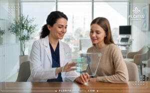 أفضل دكتور تحديد الفك (تكساس) في تركيا يشرح خطة العلاج الرقمية للمريض في العيادة.