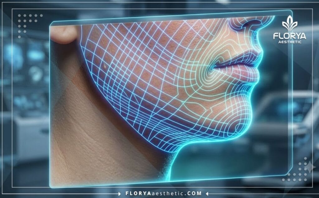 مسح ضوئي ثلاثي الأبعاد دقيق لمنطقة الذقن يوضح تأثير الليزر والتخطيط الرقمي