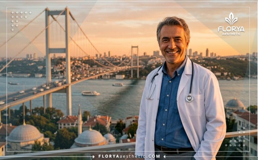 Friendly cosmetic surgeon in front of a famous Istanbul landmark