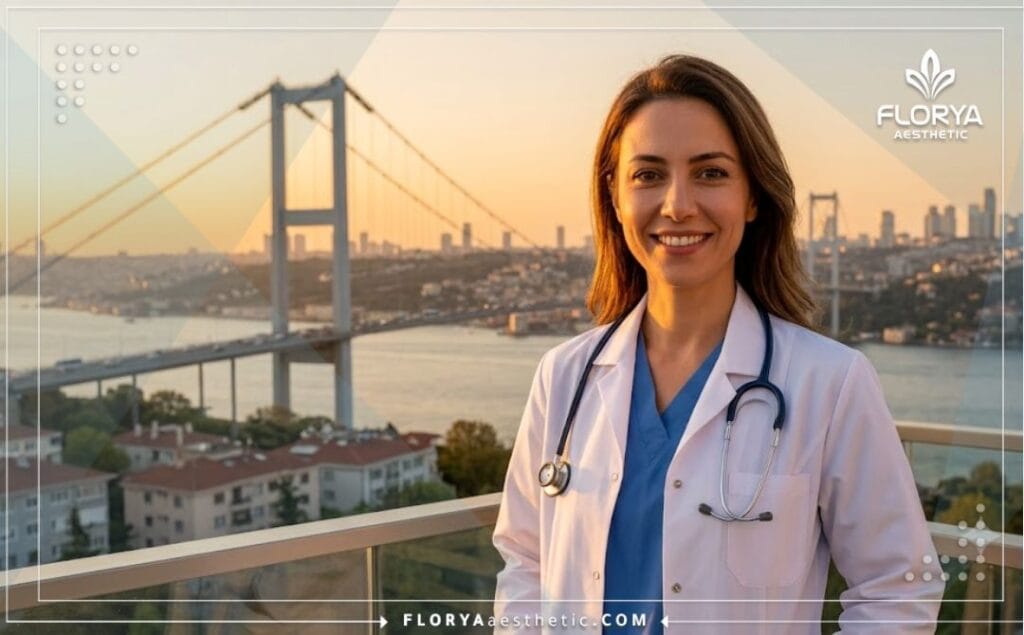 طبيب تجميل متخصص يبتسم مرحباً بالمرضى مع خلفية لمعالم إسطنبول الساحرة.