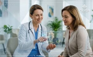 طبيب محترف يشرح خطة العلاج الرقمية مع أفضل دكتور علاج ترهل أسفل الوجه في تركيا باستخدام جهاز لوحي متطور.