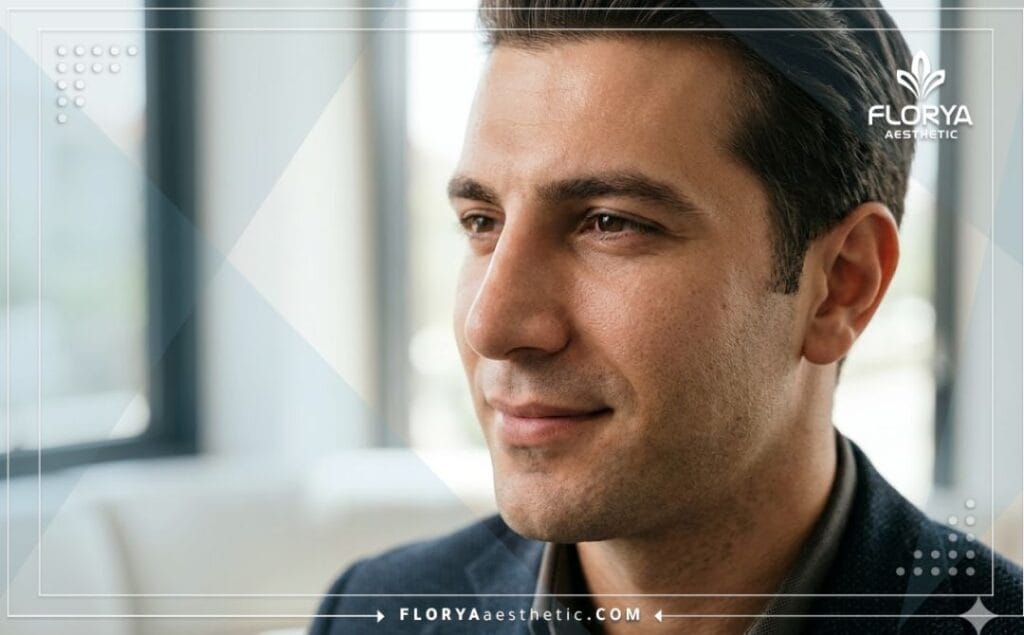 Cinematic close-up of a flawless natural male rhinoplasty outcome