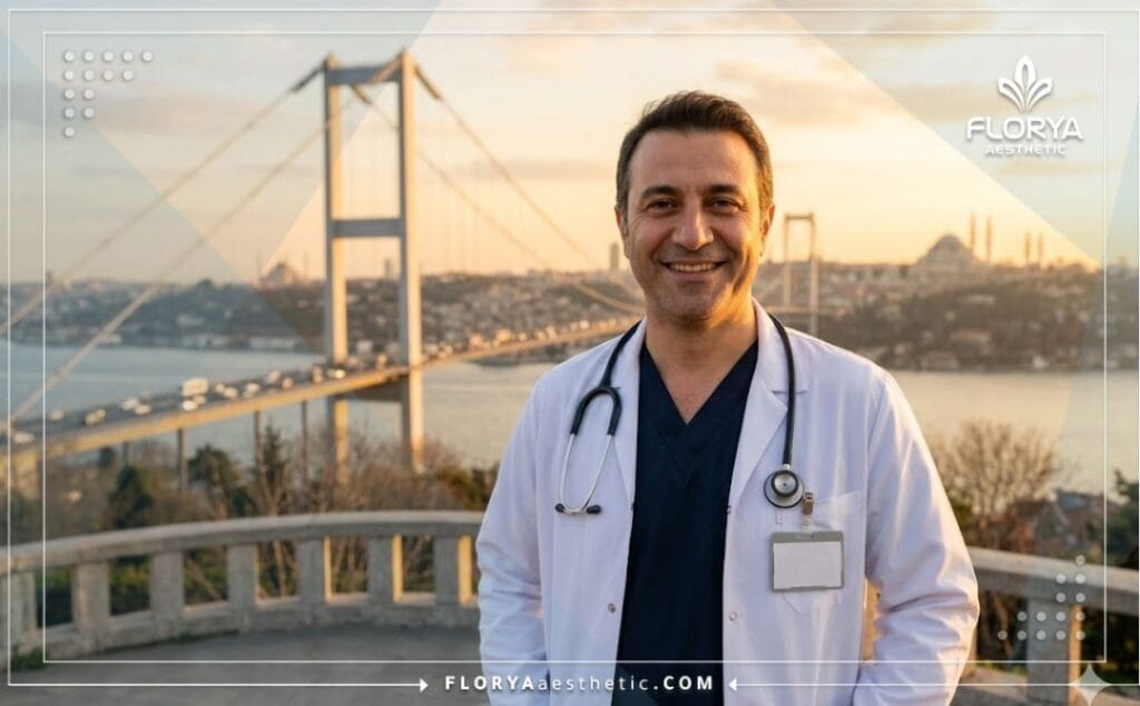 Welcoming male doctor smiling warmly in front of the Bosphorus in Istanbul