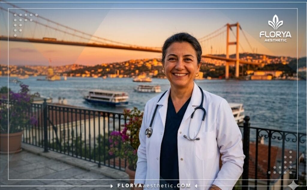 Friendly medical specialist with a warm smile with the scenic Galata Tower in Istanbul during golden hour.