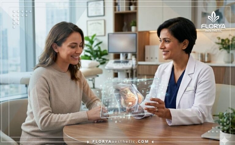 أفضل دكتور حقن الدهون نانو فات للصدر يشرح الخطة للمريضة باستخدام التكنولوجيا.
