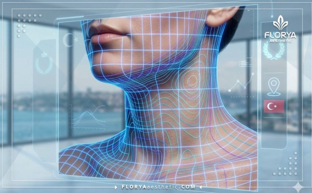 Макросъемка 3D-моделирования контура шеи и линии подбородка с лазерной сеткой