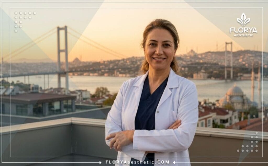 Friendly specialized medical doctor smiling in front of a beautiful golden hour view of the Bosphorus in Istanbul.