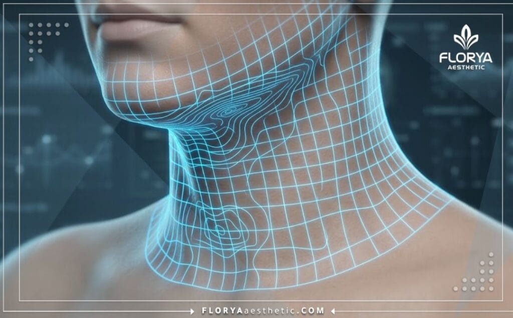 High-tech 3D medical visualization scanning the neck and jawline area with precision digital grids.