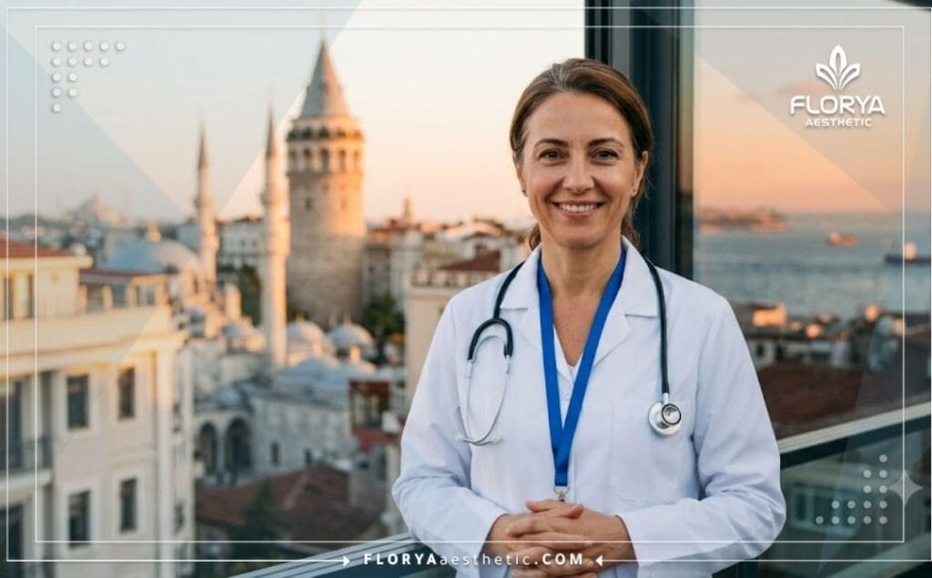 طبيب عيون متخصص يرحب بالمرضى في عيادته مع إطلالة جميلة على معالم اسطنبول