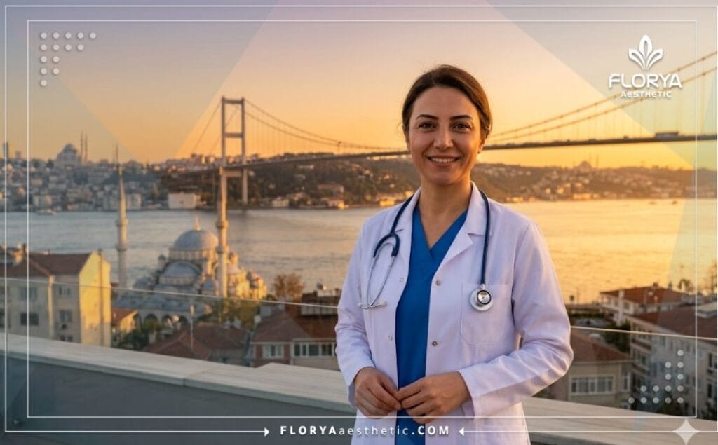 Médecin souriant accueillant les patients avec une vue magnifique sur Istanbul.