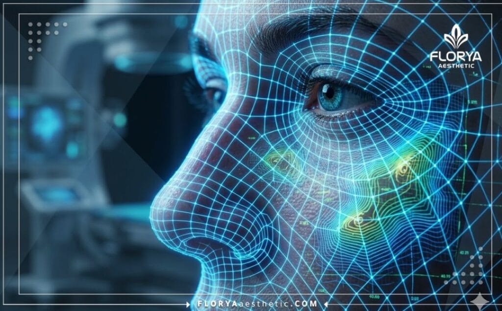 High-tech 3D topographical mesh scan of the nasal area showing ultrasonic mapping precision.