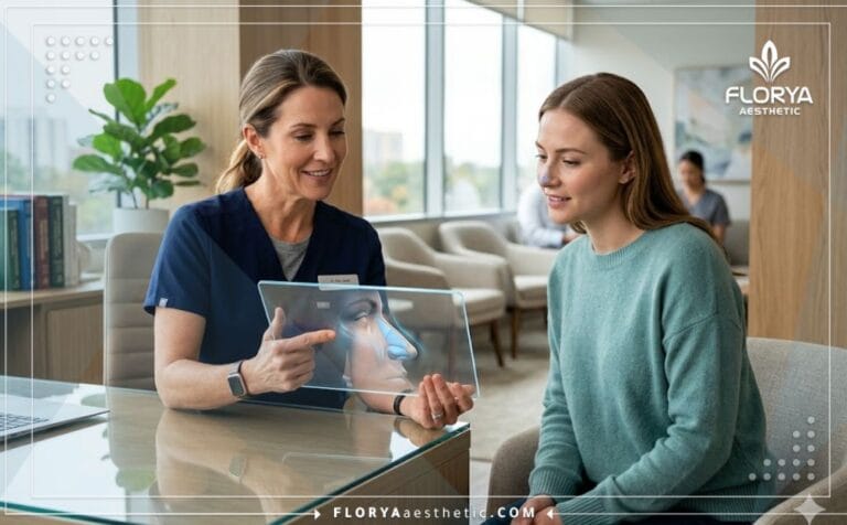 أفضل دكتور تجميل الأنف بالموجات فوق الصوتية (Piezo) يشرح خطة العلاج للمريض باستخدام جهاز لوحي متطور.