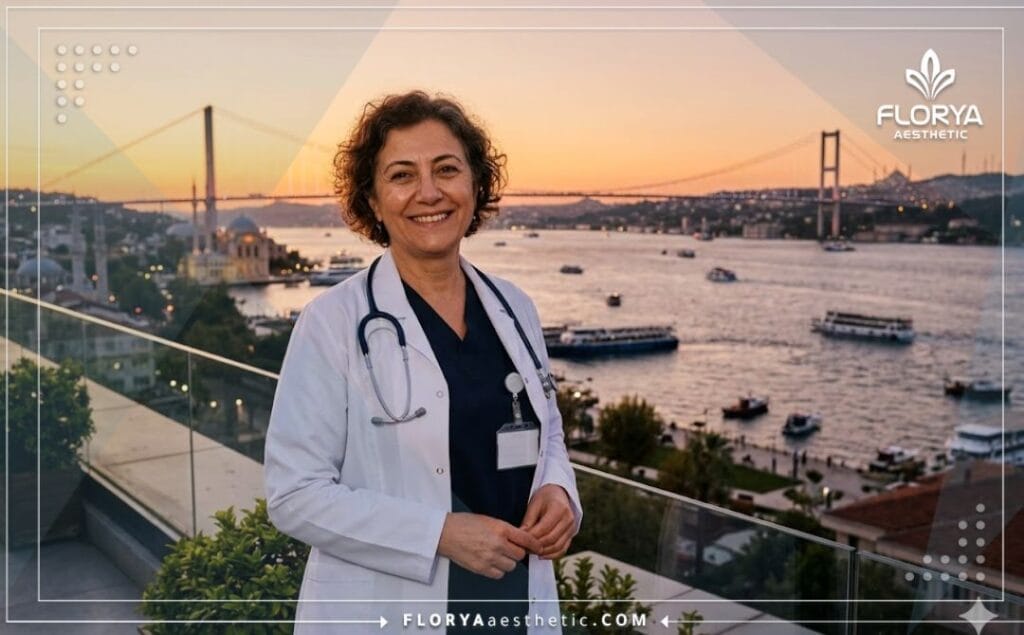 Welcoming aesthetic doctor standing in front of the iconic Bosphorus Bridge in Istanbul.